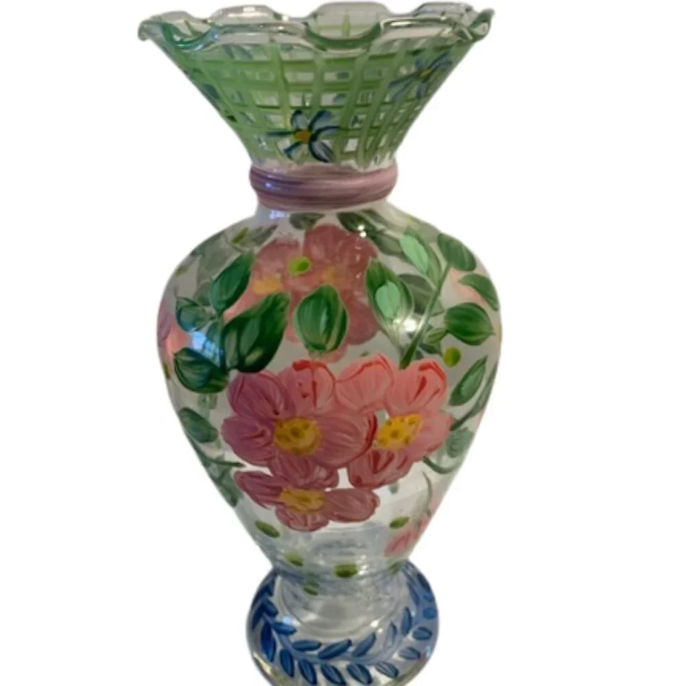 Hand-Painted Pink Green Ruffled Edge Checked Floral Vase by Tracy Poter 6.5